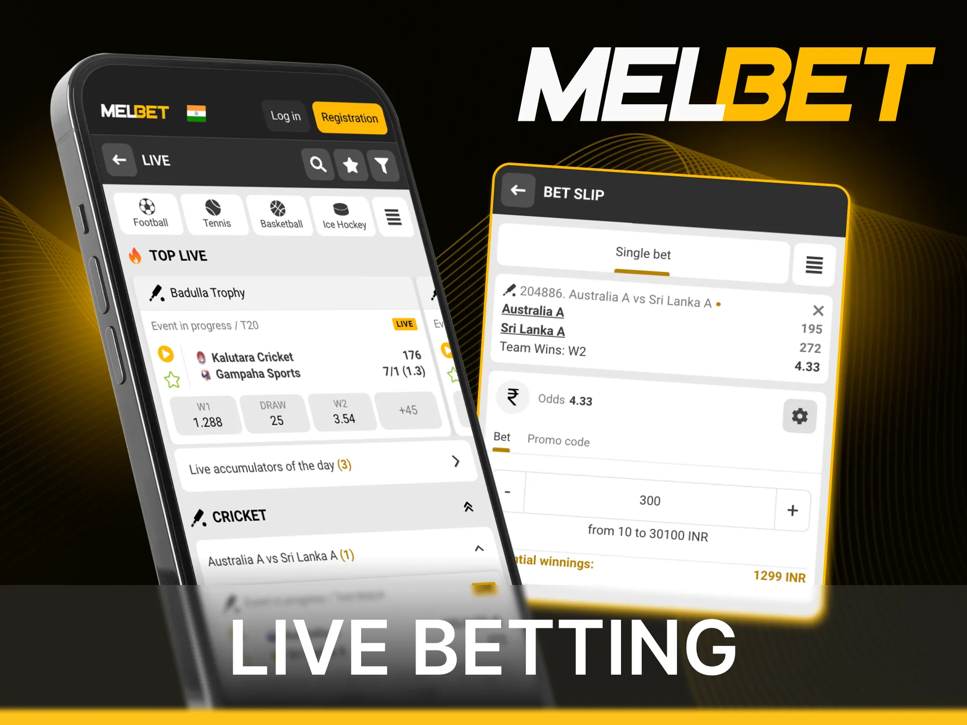 Make bets on live matches in the Melbet online casino application.