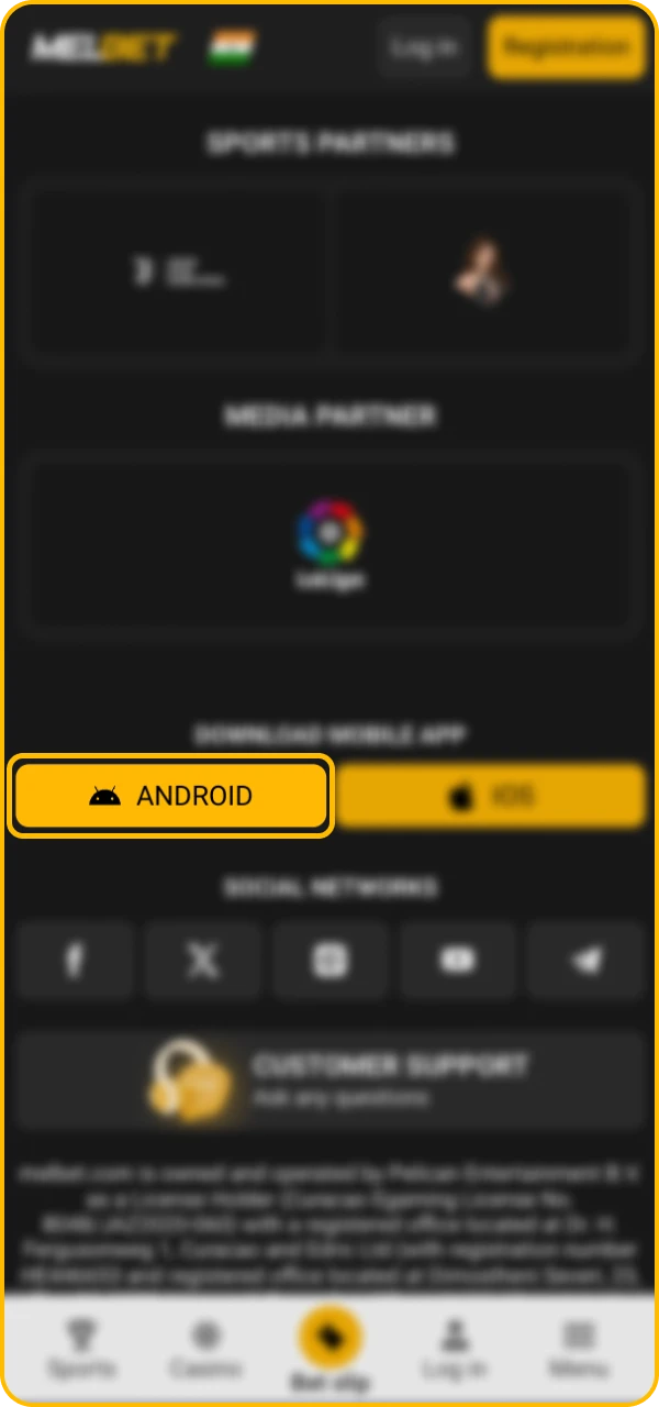 To install the Melbet online casino app on your Android phone, find the button on the official website.