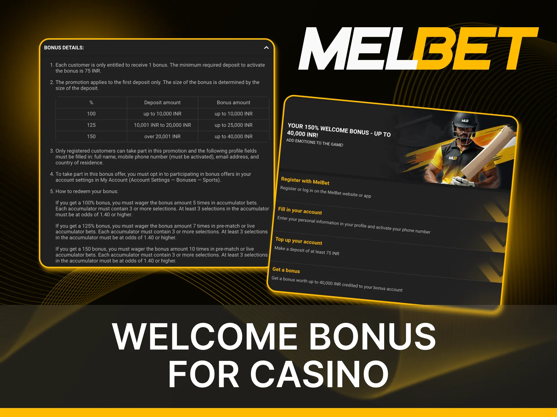 Register in the Melbet online casino and get your welcome bonus.