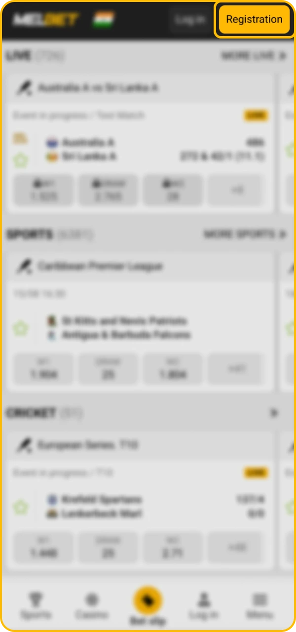 The button for creating a new account is located in the upper right corner of the Melbet online casino website.