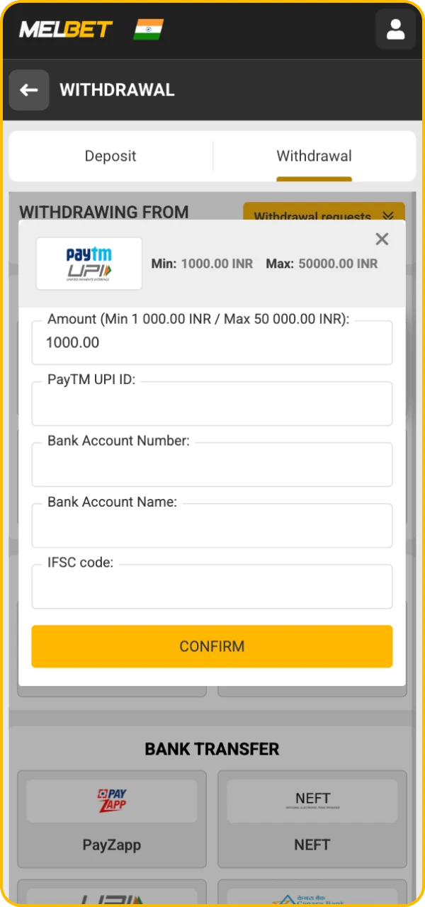 Fill in the bank details for withdrawing money in Melbet online casino.