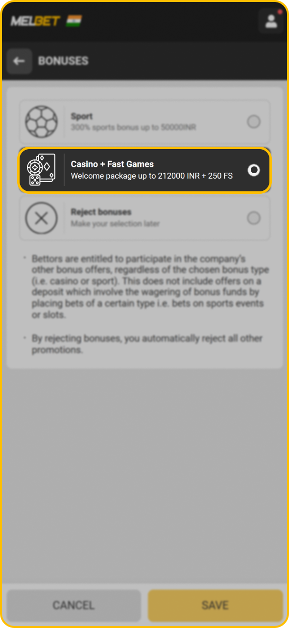 Choose casino bonus to get extra for Aviator gaming at Melbet.