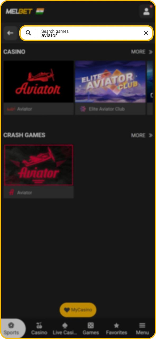 Search for Aviator at Melbet casino.