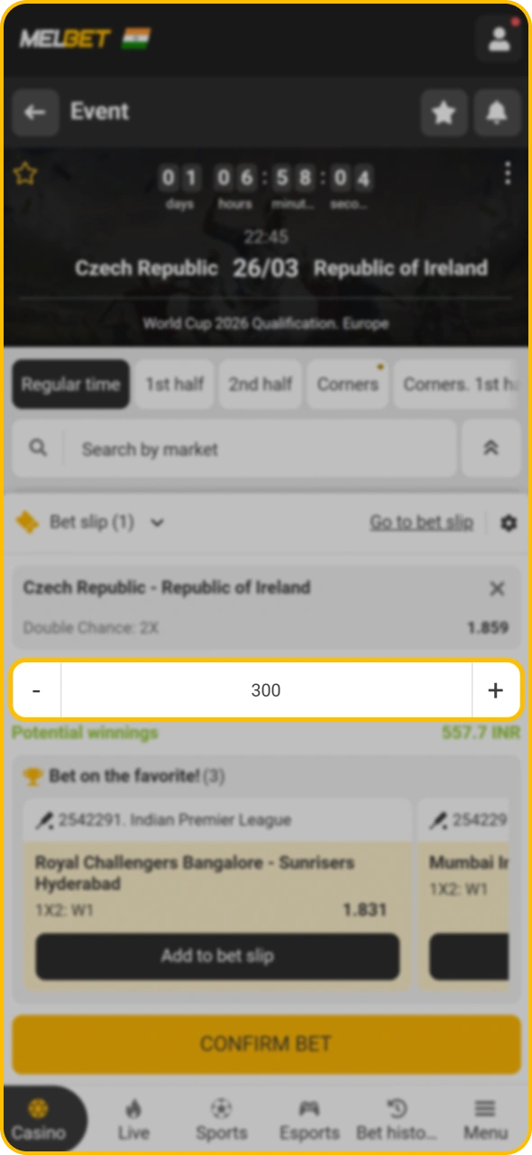 Insert your stake amount to place football bet at Melbet sportsbook.