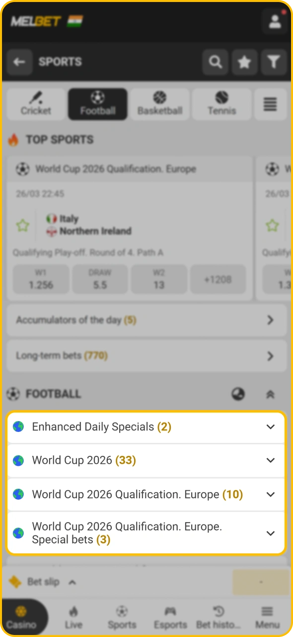 Select league at Melbet football page.