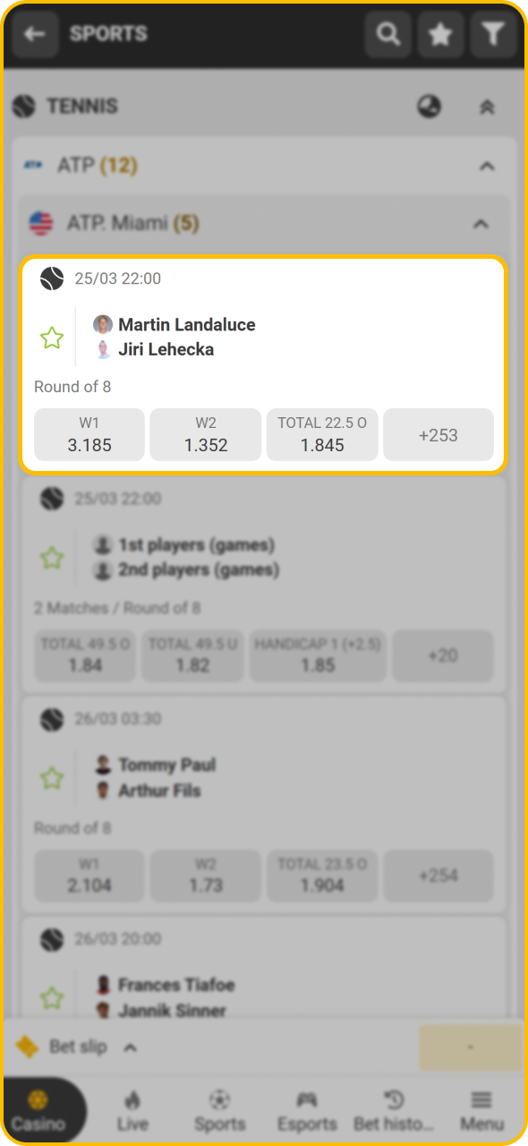 Select tennis match and open it to place bet at Melbet sportsbook.