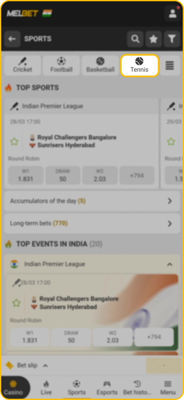 Find tennis section at Melbet sports page.